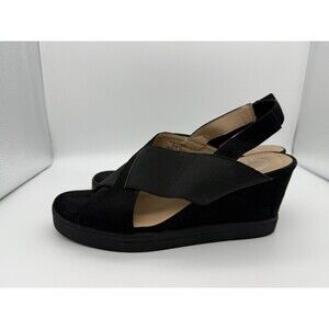 Journee Collection Wedge Sandals Women 7.5 Black Suede Slingback Elastic Comfort